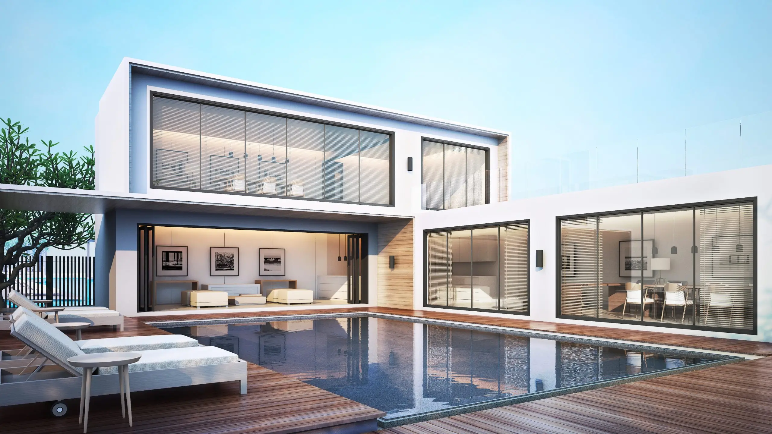 Casa moderna de lujo con ventanales de PVC de gran formato y puertas corredizas que ofrecen aislamiento térmico y acústico, eficiencia energética y diseño arquitectónico contemporáneo.