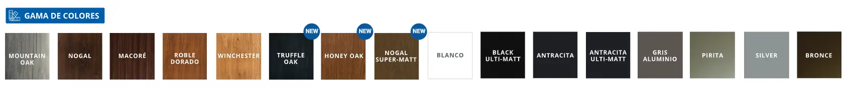 gama completa de colores para ventanas de PVC Avatara en acabados madera y tonos ultramate