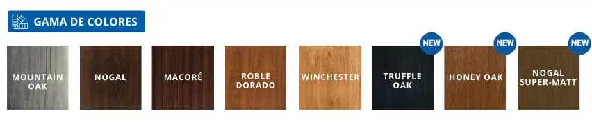 gama de colores madera para ventanas de PVC incluyendo mountain oak, macoré y honey oak